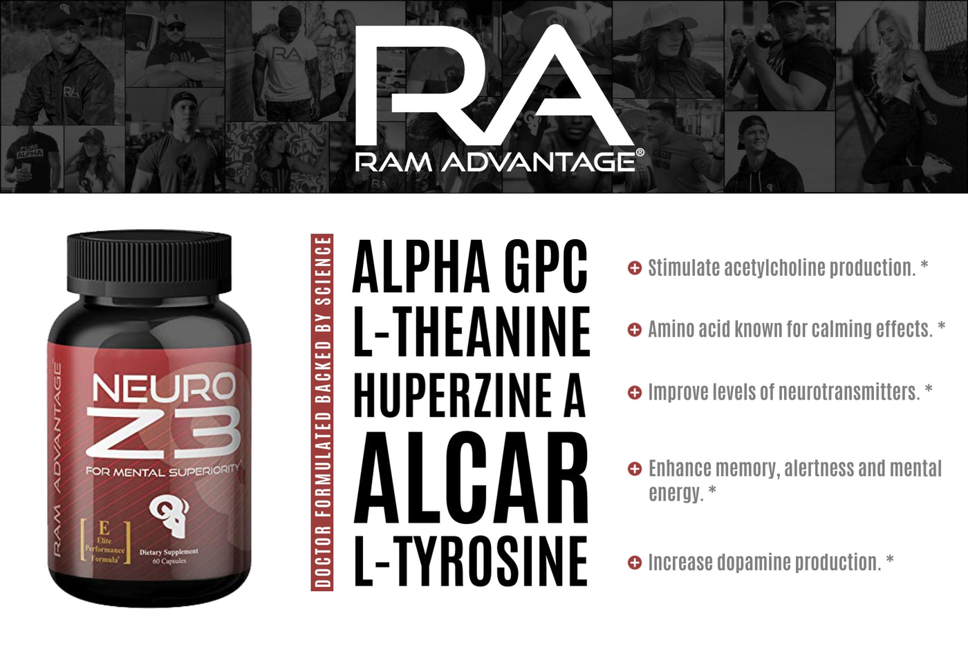 Superior Brain Booster Nootropic Supplement | NEURO Z3 by RAM ADVANTAGE | For Memory, Focus and Concentration | 60 (ct)