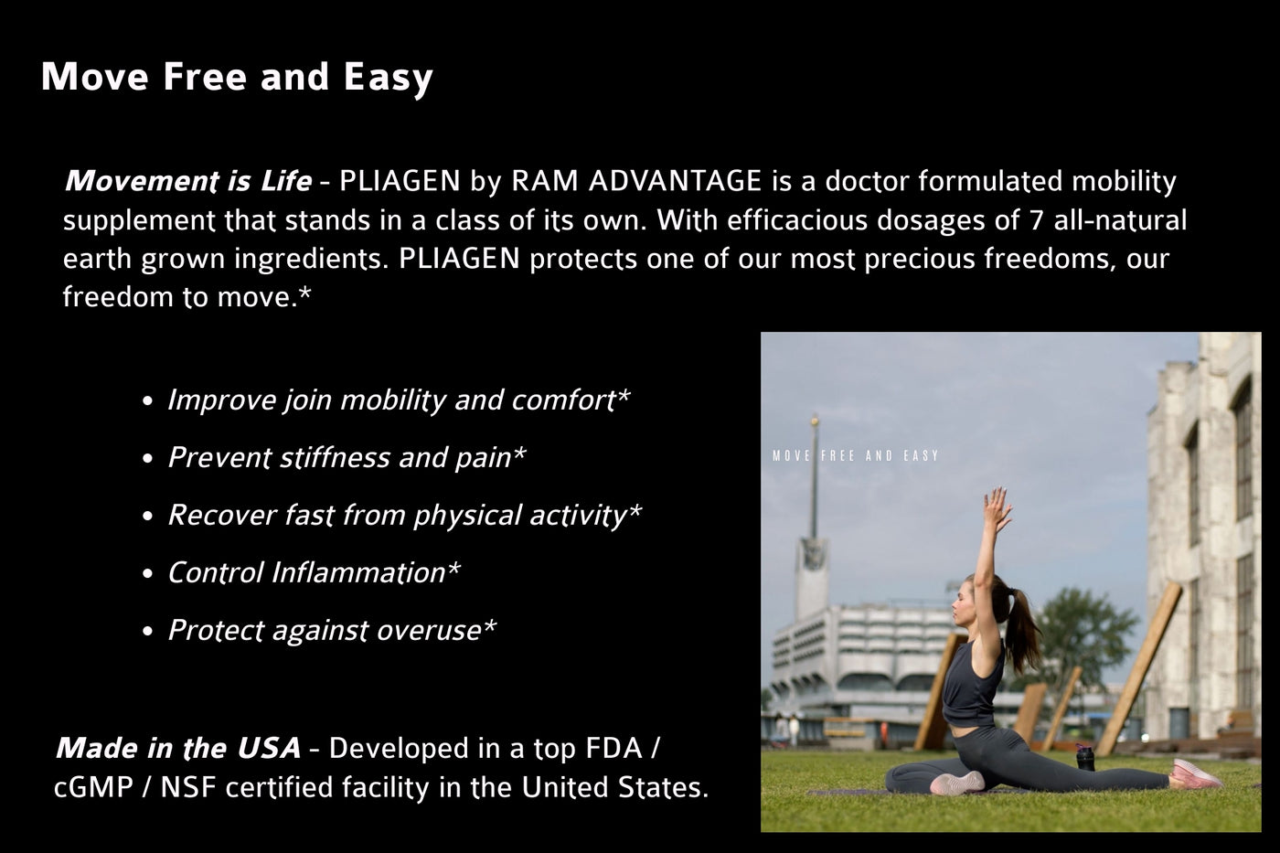 PLIAGEN contains natural ingredients, which have a long history of supporting and protecting healthy joint function while controlling inflammation, stiffness and pain. 