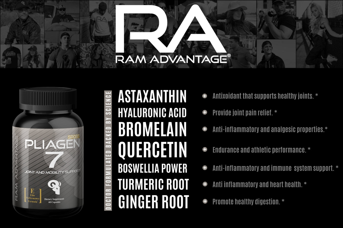 Movement is Life - PLIAGEN by RAM ADVANTAGE is a doctor formulated mobility supplement that stands in a class of its own. With efficacious dosages of 7 all-natural earth grown ingredients. PLIAGEN protects our freedom to move pain free