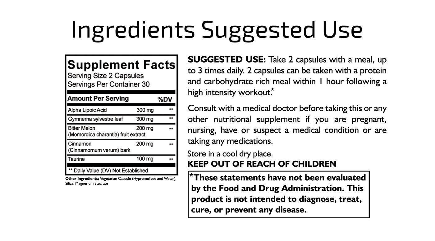Alpha lipoic acid, gymnema sylvestre, bitter melon, cinnamon and taurine, the ultimate glucose disposal stack used by athletes across the world for enhanced muscular strength, dieting and getting shredded.  