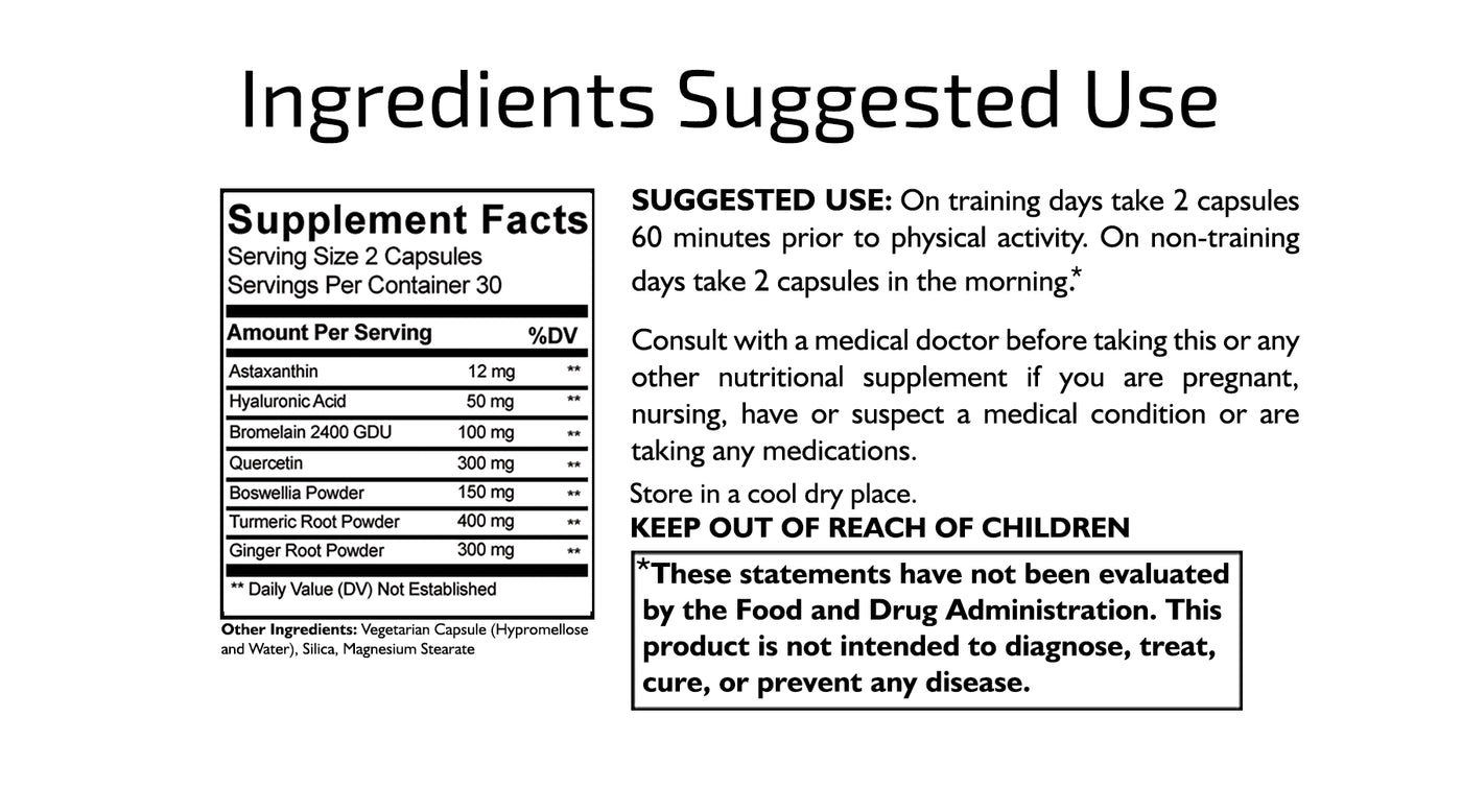  Ingredients: Astaxanthin, Hyaluronic Acid, Bromelain, Quercetin, Boswellia, Turmeric & Ginger. 