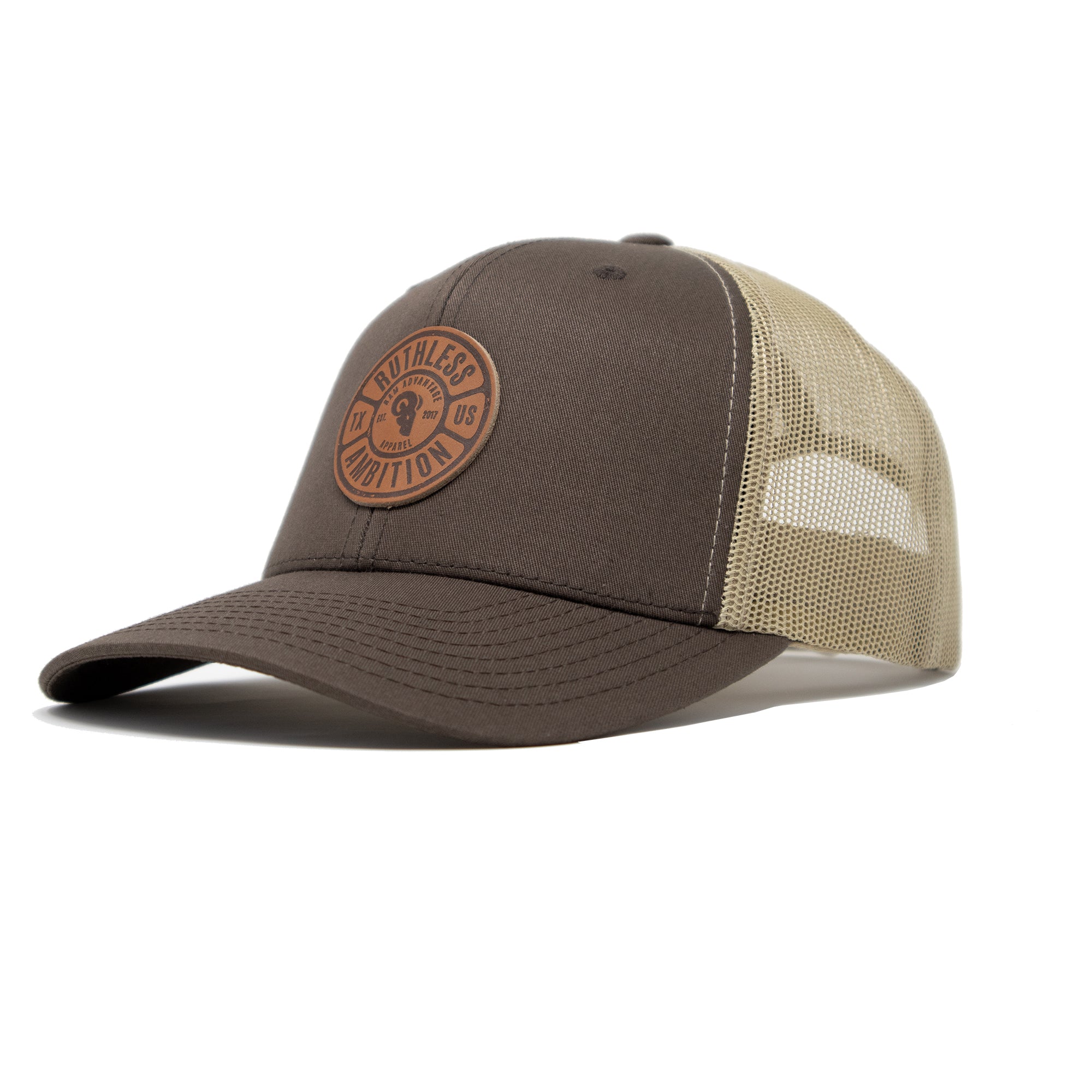 RUTHLESS AMBITION Leather Patch (Brown / Khaki) Trucker / Snapback