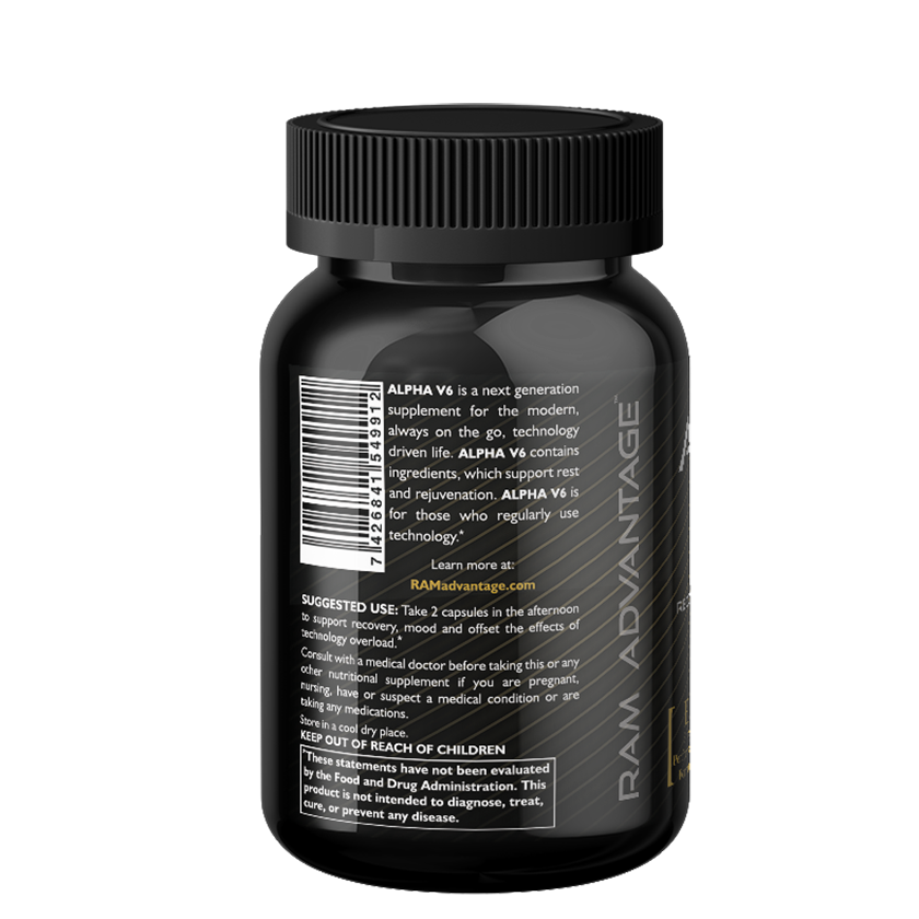 Each capsule of ALPHA V6 is a mini-vacation from the daily stresses of life.* Ingredients: Trans-Resveratrol, Ashwagandha, 5-HTP, Chamomile, Magnesium, B-6