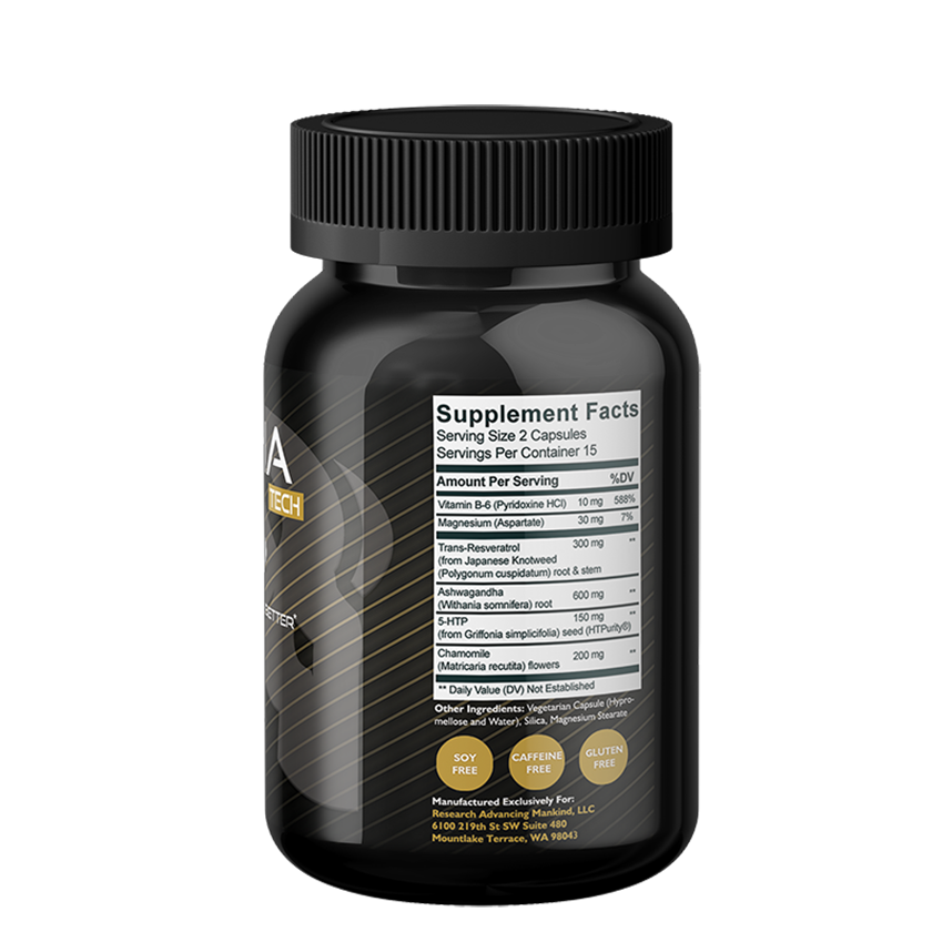 Each capsule of ALPHA V6 is a mini-vacation from the daily stresses of life.* Ingredients: Trans-Resveratrol, Ashwagandha, 5-HTP, Chamomile, Magnesium, B-6