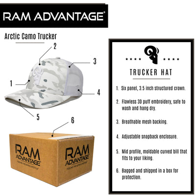RAM ADVANTAGE trucker hats are sturdy, 6 panel hats with an adjustable snapback enclosure to ensure a comfortable fit on both men and women. Our trucker hats feature either a solid or two-tone color combination build, a breathable mesh backing and the iconic RAM ADVANTAGE logo in stylish 3D puff embroidery.