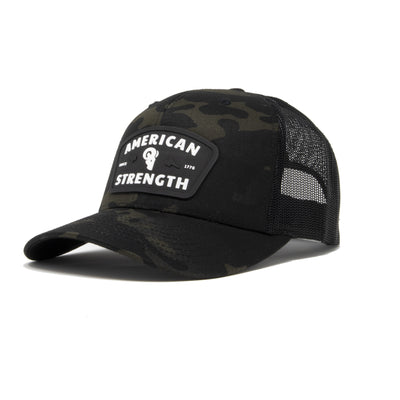 AMERICAN STRENGTH trucker hat, black camouflage  trendy, strong trucker hat