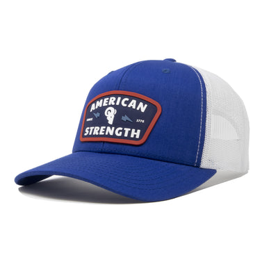 Patriot Blue AMERICAN STRENGTH Trucker Snapback hat.