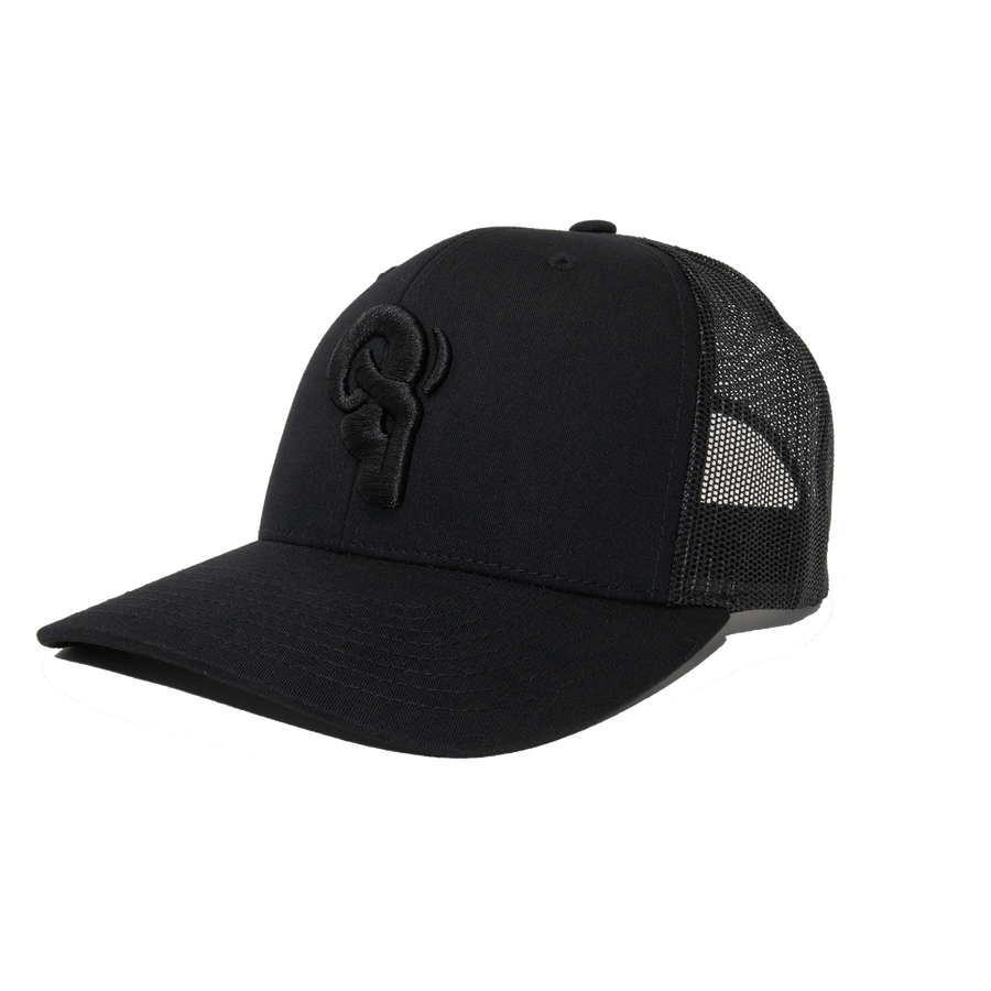 RAM ADVANTAGE premium Blackout Black AND BLACK 3D embroidered TRUCKER HAT