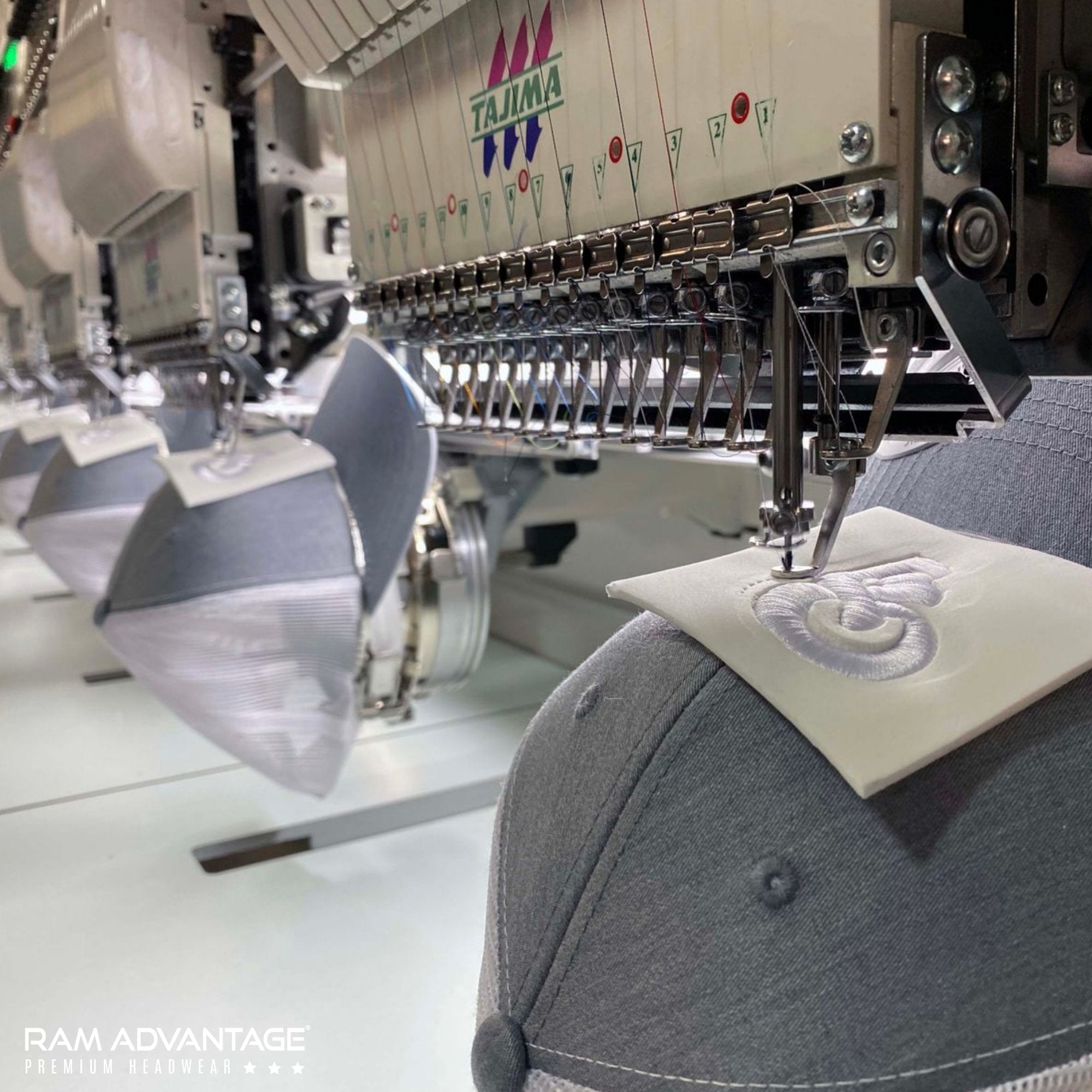 MANUFACTURING CUSTOM RAM ADVANTAGE premium HEATHER GREY and WHITE 3D embroidered TRUCKER HAT
