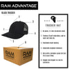 RAM ADVANTAGE  premium trucker hat six  panel breathable mesh backing adjustable snapback enclosure bagged and shipped in a box