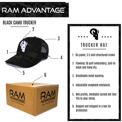 RAM ADVANTAGE Premium BLACK CAMOUFLAGE TRUCKER HAT description and box