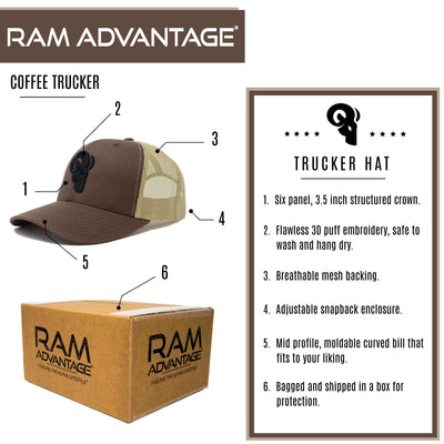 RAM ADVANTAGE premium COFFEE 3D embroidered TRUCKER HAT